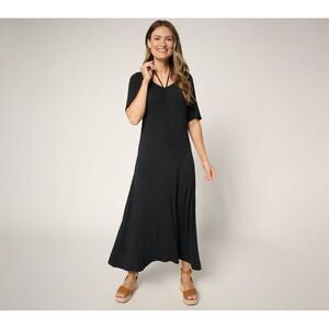 Peace Love World Women's Petite Dress PM Ruch Front Short Sleeve Black A692504